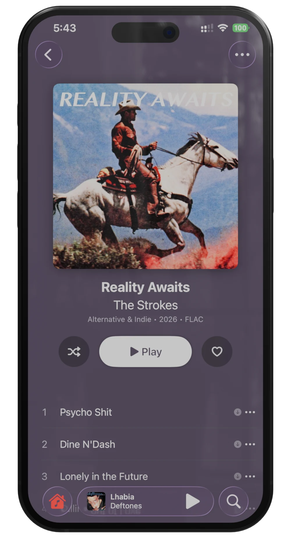 The final render: an iPhone 16 showing a music player, on a transparent background