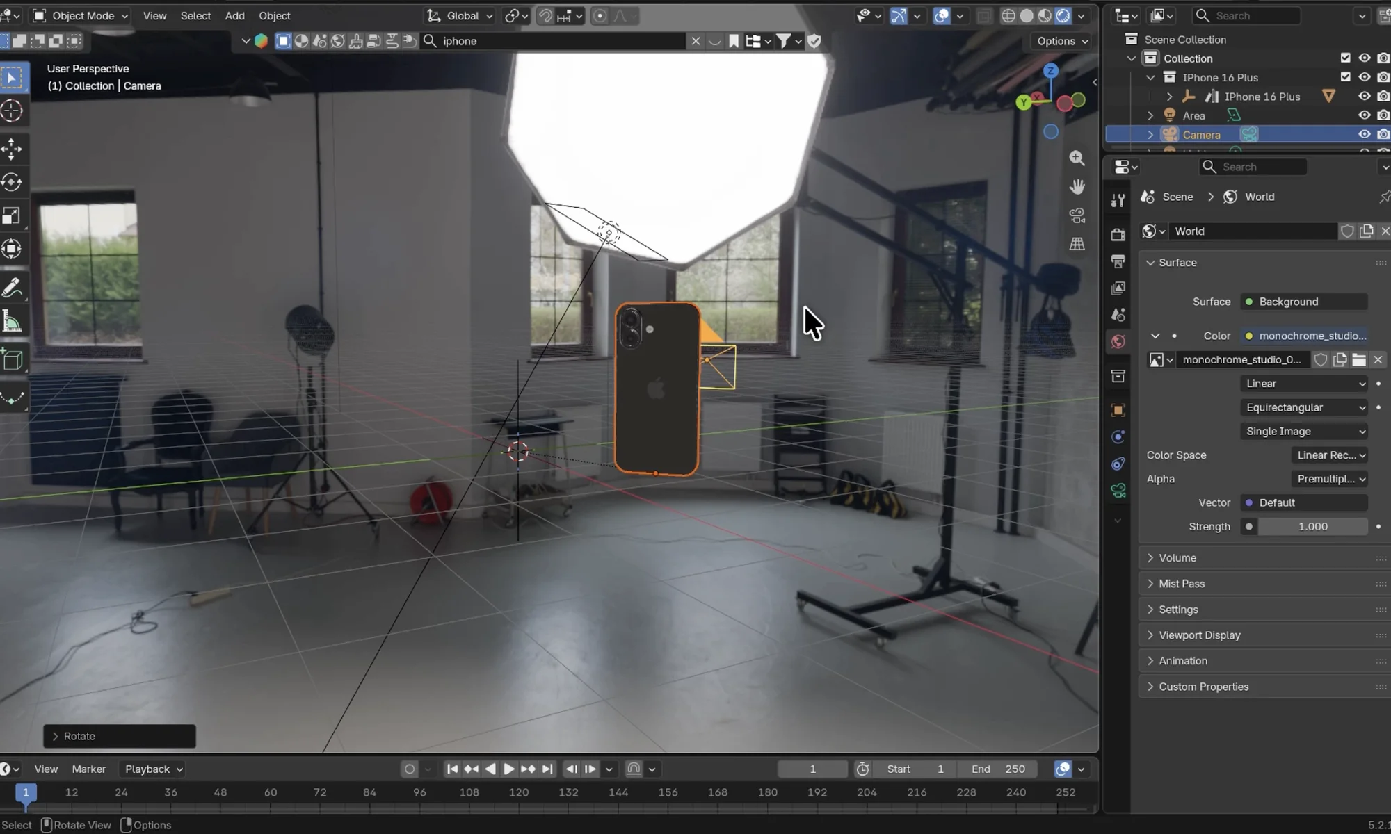 The same scene inside a photo studio HDRI, with a large softbox above the phone