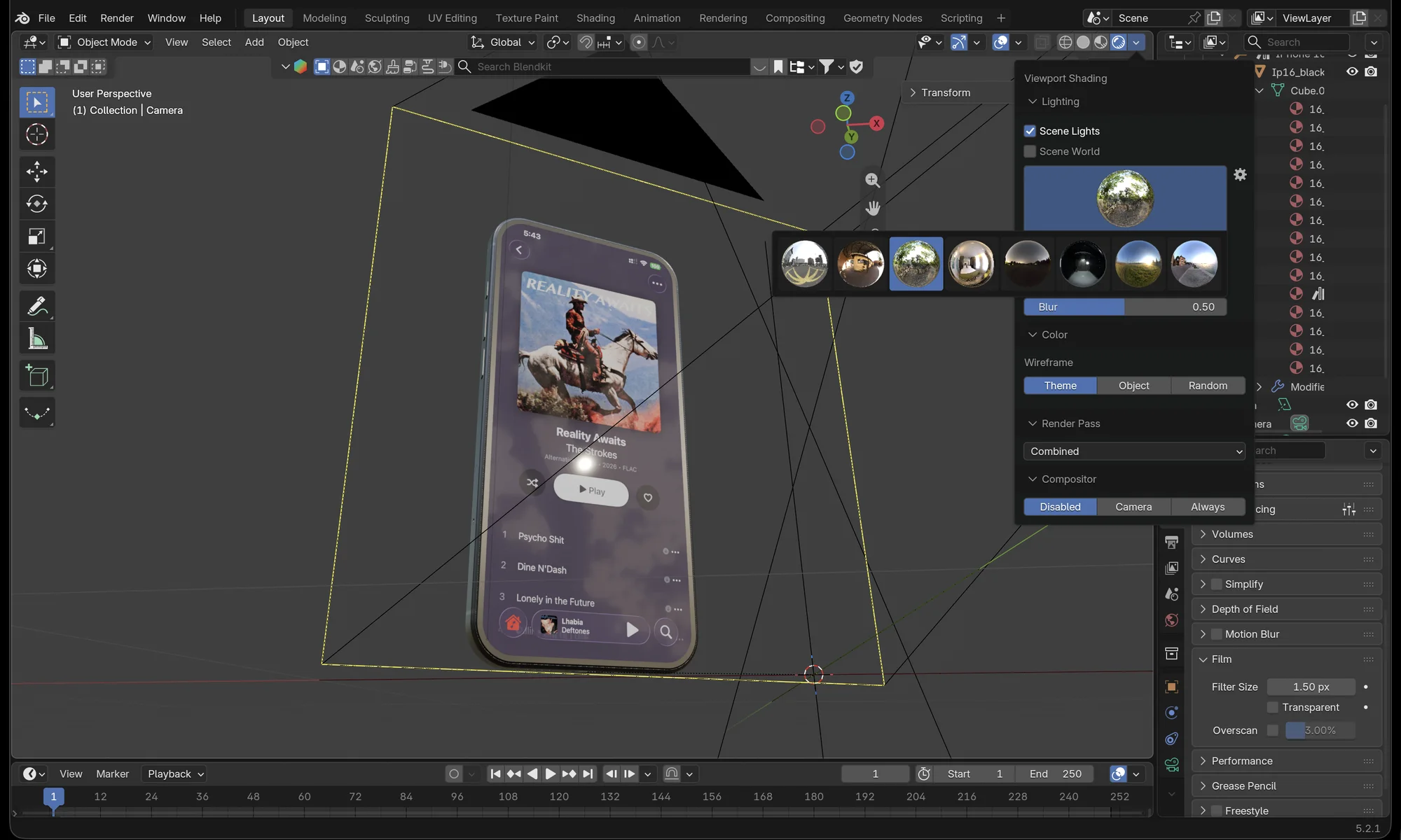 Blender viewport with an iPhone 16 model in the camera frame, material preview enabled